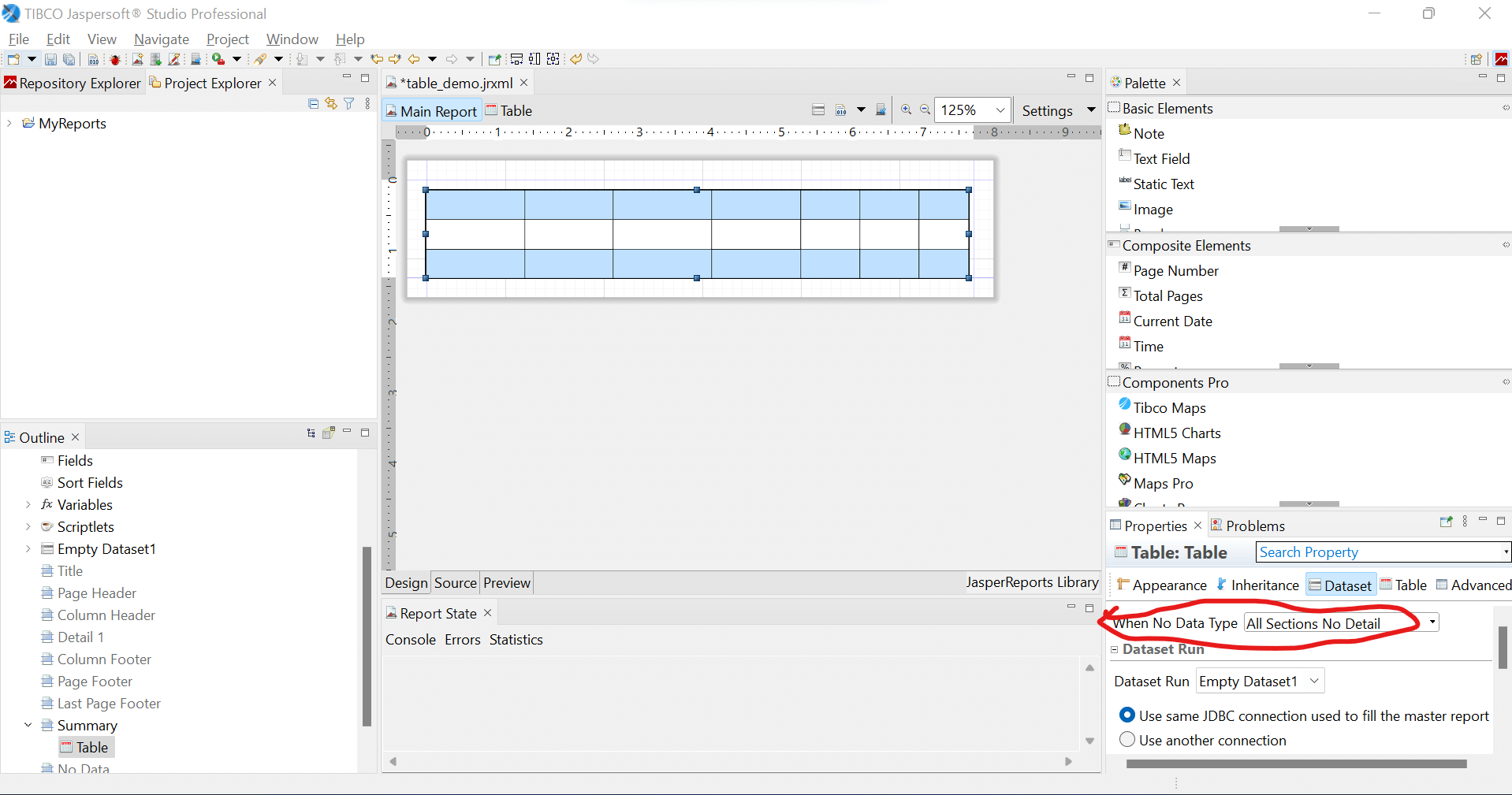 Hide full detail band of table when there is no data to show - Jaspersoft